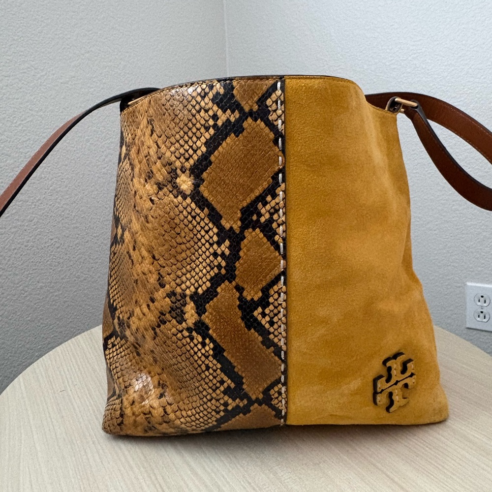 RARE: Tory Burch McGraw Snake-Embossed Leather & Suede Slouchy Hobo in Daylily.